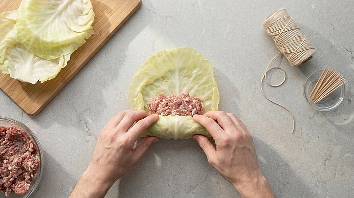 Zwei Hände formen eine Kohlroulade: ein Kohlblatt wird mit Hackfleischfüllung auf einer Arbeitsfläche eingerollt.