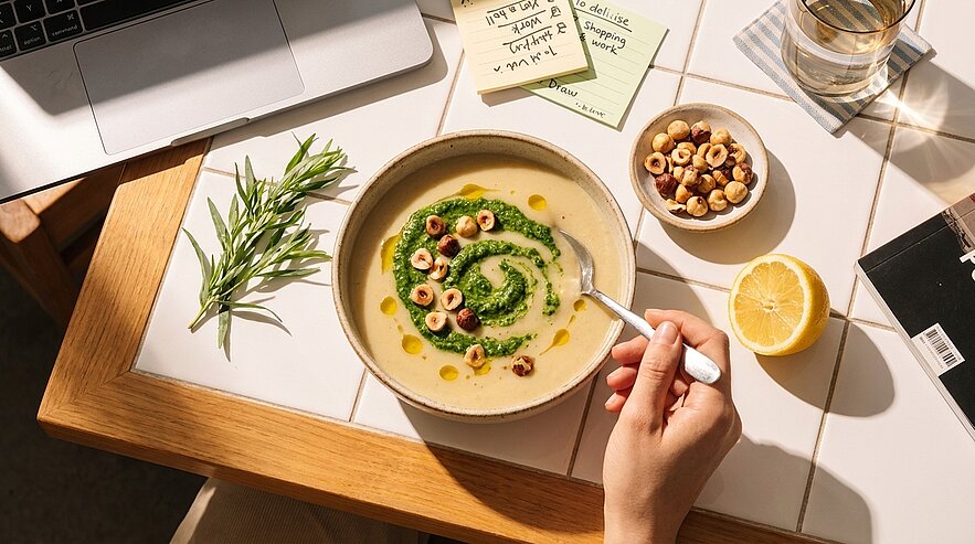 Hand hält Löffel über Schüssel cremiger Suppe mit grünem Pestowirbel und gerösteten Haselnüssen; daneben Zitronenhälfte und Schälchen mit Haselnüssen auf hellem, gekacheltem Tisch.