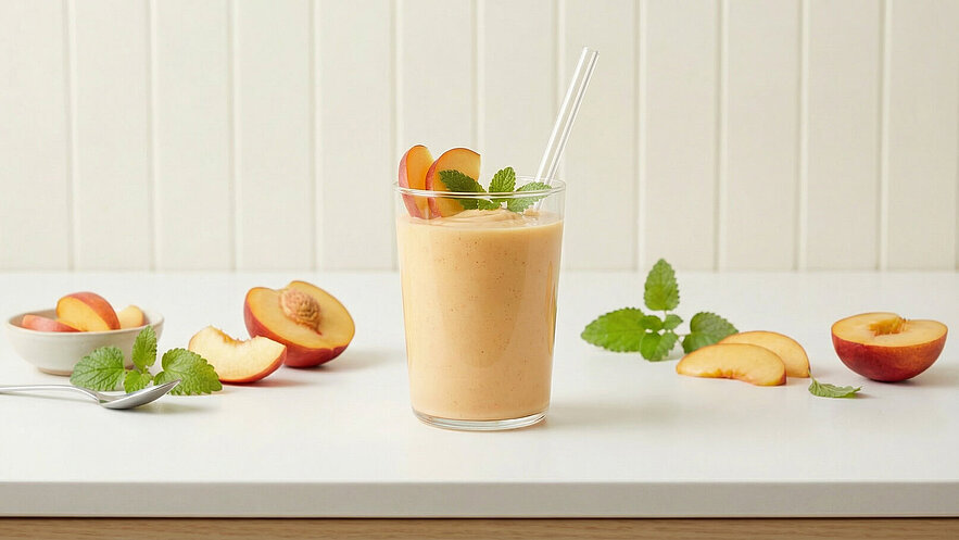 Ein Glas Pfirsich-Smoothie mit einer dünnen, transparenten Strohhalm steht auf einem weißen Tisch. Der Smoothie ist garniert mit Pfirsichscheiben und frischen Minzblättern. Rund um das Glas liegen mehrere aufgeschnittene Pfirsiche und Minzblätter.