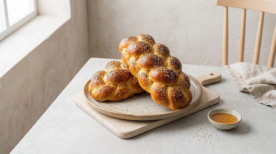 Auf einem Holzbrett liegen zwei geflochtene Brötchen mit golden-brauner Kruste und Sesamsamen. Neben ihnen befindet sich eine kleine Schüssel mit Honig. Die Szene ist hell und freundlich, mit natürlichem Licht, das durch ein Fenster strahlt.