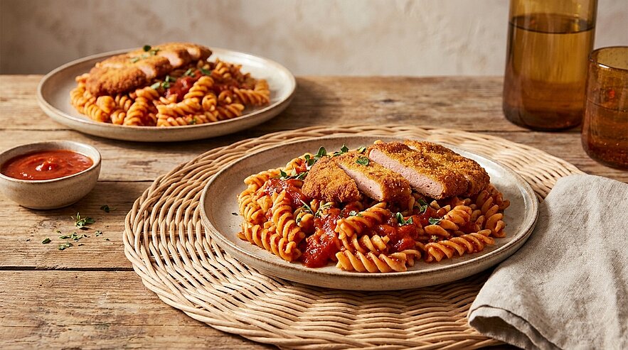 Zwei Teller Fusilli in Tomatensauce, jeweils garniert mit in Scheiben geschnittenem, paniertem Braten/Schnitzel und frischen Kräutern.
