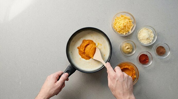 Zwei Hände rühren Kürbispüree in eine helle Sauce im Stieltopf. Daneben stehen Glasschalen mit Käse und Gewürzen.