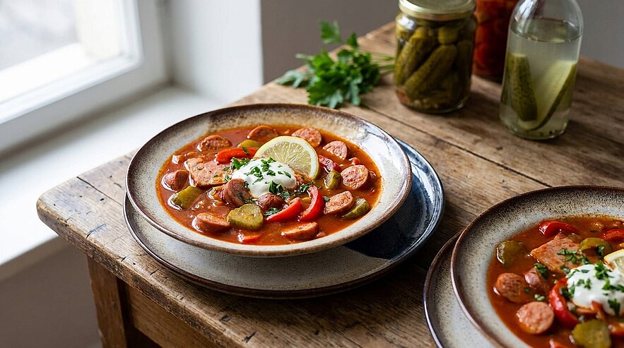 Würzige Suppe mit Wurstscheiben, Paprika, Gewürzgurken, einem Klecks saurer Sahne und Zitronenscheibe, serviert in Schalen auf rustikalem Holztisch.