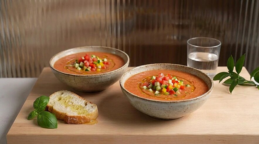 Zwei Schalen Gazpacho mit fein gewürfeltem Gemüse als Garnitur, dazu eine Scheibe Baguette und frisches Basilikum.