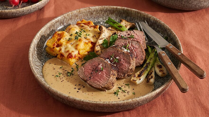 Keramikteller mit rosa gebratenen Rinderfilet‑Scheiben auf cremiger Pfeffer‑Rahmsauce, dazu Kartoffelgratin, gebratene Champignons und Frühlingszwiebeln, mit frischen Kräutern garniert.
