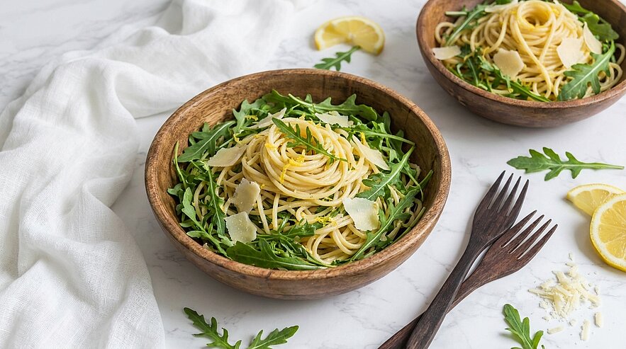 Zwei Holzschalen mit Spaghetti‑Nestern auf Rucola, garniert mit Zitronenscheiben und Parmesanspänen.
