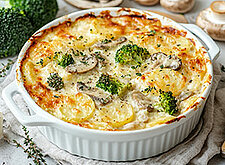 Image of Kartoffelgratin mit Broccoli und Champignons