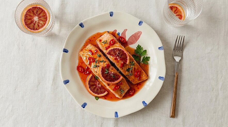 Gebratene Lachsfilets mit Blutorangenscheiben in orangener Sauce, garniert mit Petersilie und Schnittlauch auf einem weißen Teller.