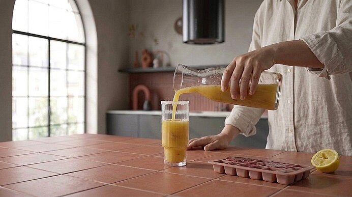 Hände einer Person gießen frisch gepressten Orangensaft aus einer Karaffe in ein hohes Glas auf einer Küchenarbeitsplatte; daneben eine Eiswürfelform und eine halbe Zitrone.