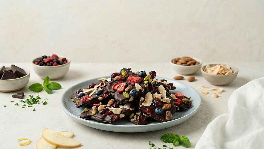 Auf dem Bild ist ein Teller mit Schokoladen-Bark zu sehen, der mit verschiedenen Nüssen, getrockneten Beeren und Kokosraspeln garniert ist. Um den Teller herum stehen kleine Schalen mit weiteren Beeren, Mandeln und Schokoladenstücken.