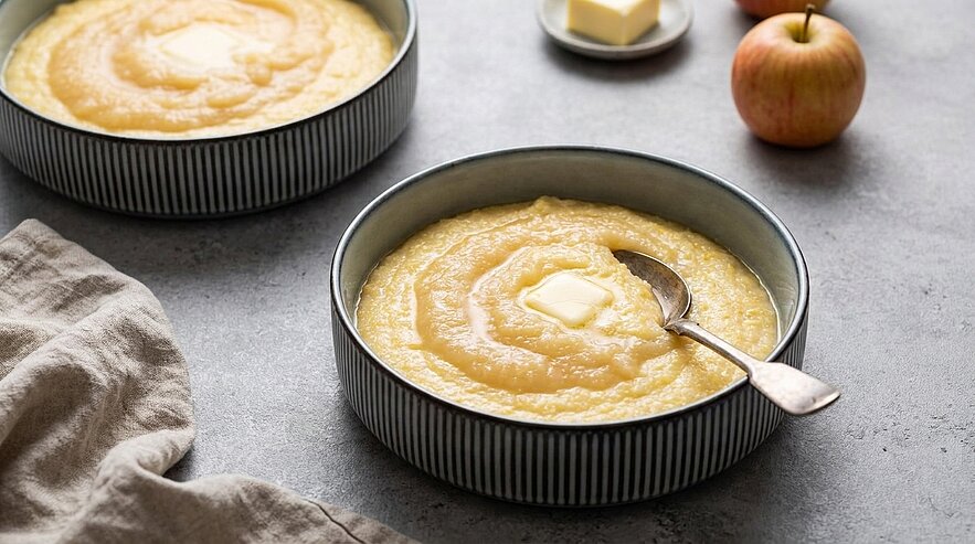 Zwei Schalen mit cremigem goldgelbem Brei, in der Mitte jeweils ein Stück Butter; in der vorderen Schale liegt ein Löffel.
