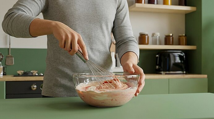Person rührt mit einem Schneebesen eine rosa-weiße cremige Masse in einer Glasschüssel auf einer Küchenarbeitsplatte.