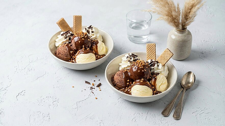 Zwei Schalen mit Eiscreme (Vanille und Schokolade), garniert mit Schokosauce, Schlagsahne, Streuseln und rechteckigen Waffelstücken; zwei Löffel daneben.