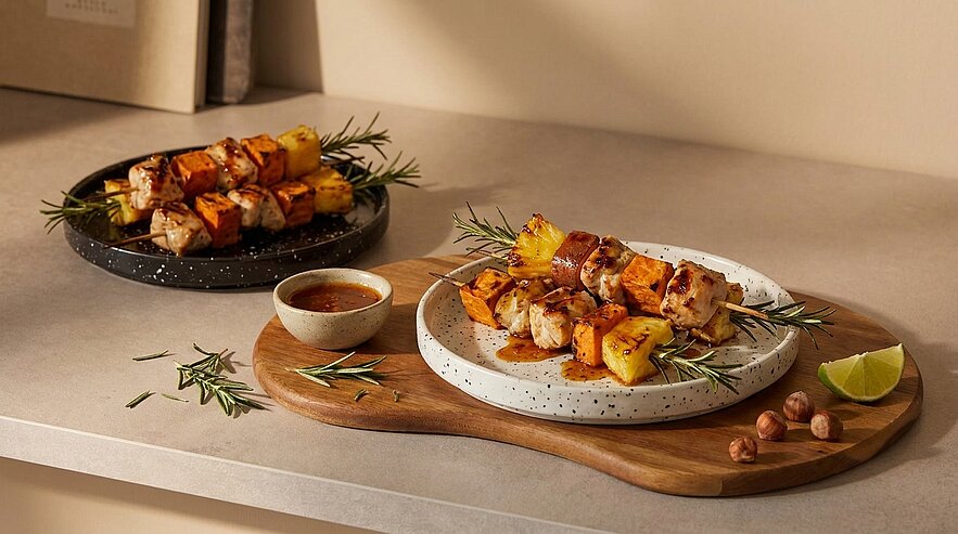 Zwei Teller mit gegrillten Fleisch- und Ananasspießen auf Rosmarinzweigen, dazu Dip-Schälchen und Limettenschnitz.