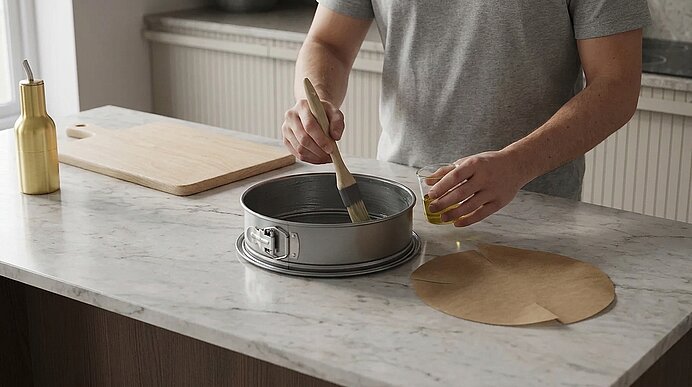 Hände einer Person bestreichen eine Springform mit Öl oder Butter mithilfe eines Backpinsels; neben der Form liegen zwei Teig- oder Backpapierkreise.