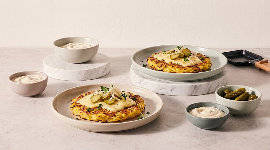 Zwei goldbraune Rösti auf Tellern, jeweils mit cremiger Sauce, dünnen Gewürzgurkenscheiben und Kräutern garniert; daneben kleine Schalen mit Sauce und Gewürzgurken.