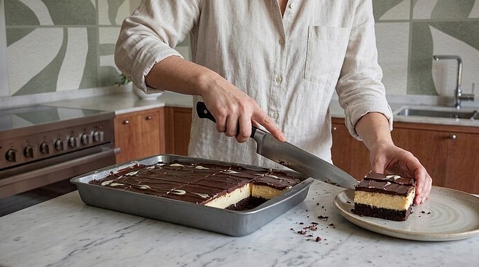 Person schneidet mit Messer ein Stück mehrschichtige Desserttorte (dunkler Boden, helle Cremefüllung, Schokoladenglasur) aus einer rechteckigen Backform und legt es auf einen Teller.