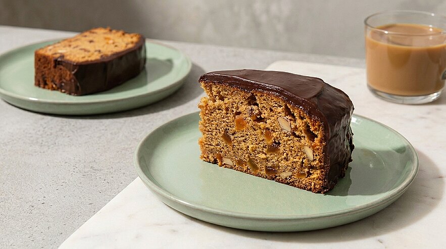 Auf dem Bild sind zwei Stücke Kuchen auf flachen, hellgrünen Tellern zu sehen. Das vordere Stück ist mit Schokolade überzogen und zeigt eine saftige Innenstruktur mit Nüssen. Im Hintergrund steht ein Glas Kaffee.