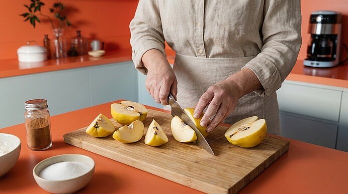 Person in Schürze schneidet mit Messer gelbe Früchte (vermutlich Quitten) auf einem Holzbrett in einer Küche.