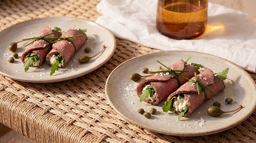 Zwei Teller mit dünnen Rouladen aus Roastbeef, gefüllt mit Frischkäse und Rucola, garniert mit Kapern und Schnittlauch.