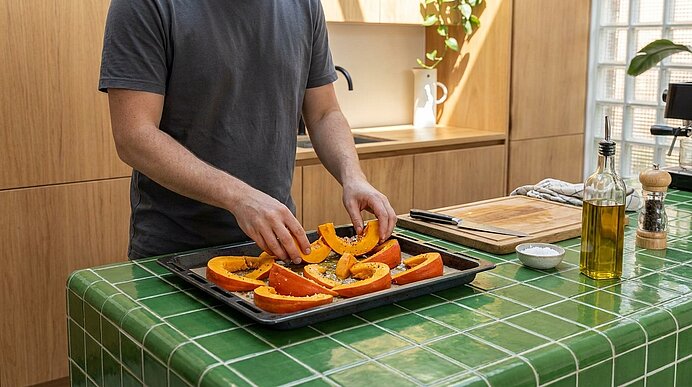 Person bereitet in einer modernen Küche auf grüner Fliesenarbeitsfläche Kürbiskeile auf einem Backblech vor und würzt sie mit Öl und Salz.