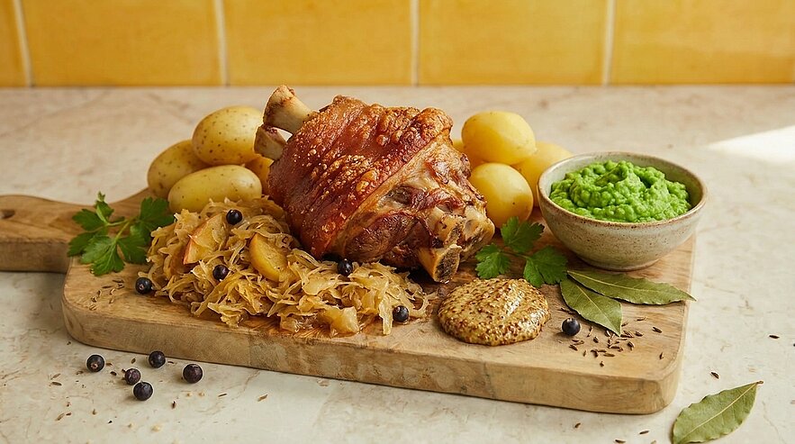 Knusprig gebratene Schweinshaxe auf Holzbrett, begleitet von Sauerkraut, Salzkartoffeln, grünem Erbsenpüree und grobem Senf; garniert mit Petersilie und Wacholderbeeren.