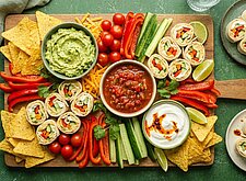 Image of Final-Snackboard mit Nachos, Dips und Mini-Wraps