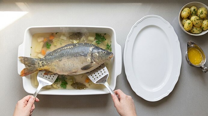 Hände heben mit zwei Servierwendern einen ganzen gebackenen Fisch (Karpfen) aus einer Auflaufform mit Brühe und Kräutern, bereit zum Servieren.