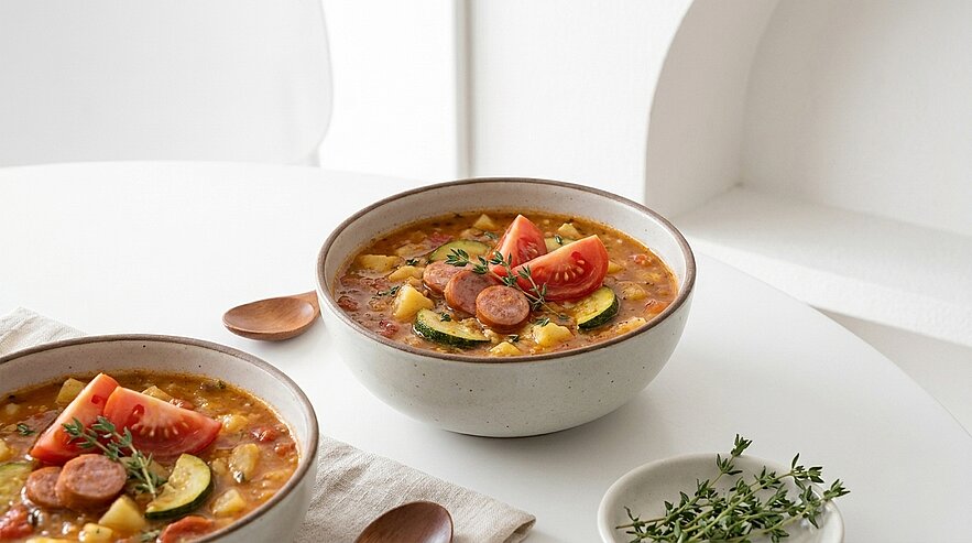 Zwei Schalen herzhafter Gemüsesuppe mit Kartoffelstücken, Zucchini, Tomatenspalten und Wurstscheiben, mit frischen Kräutern garniert.