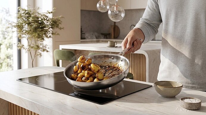 Hand einer Person wendet in einer Pfanne goldbraune Bratkartoffeln auf einem Induktionskochfeld in einer modernen Küche.