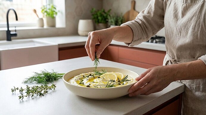 Nahaufnahme: Hände einer Person garnieren eine cremige Suppe in einer Schale mit Zitronenscheiben und frischen Kräutern.