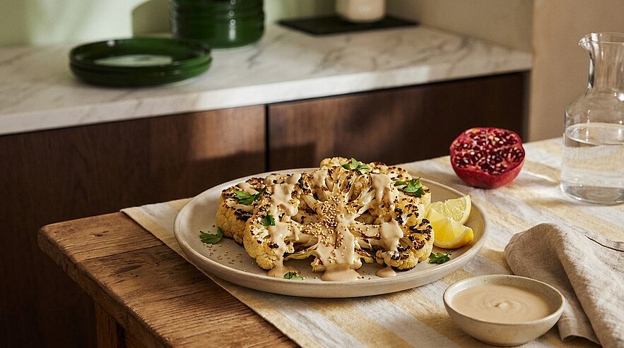 Auf einem Teller liegt ein gegrillter Blumenkohl, garniert mit Sesam und frischen Kräutern. Daneben liegen Zitronenscheiben und eine Schüssel mit Sauce. Im Hintergrund ist ein granatäpfelartiges Obst und eine Karaffe Wasser sichtbar.