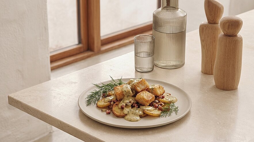 Teller mit Bratkartoffeln, knusprigem Speck, Dill und cremiger Kräutersauce.