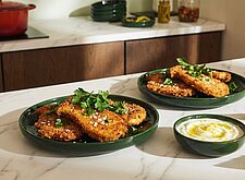 Image of Kräuterseitling Schnitzel mit Zitronen Joghurt Dip