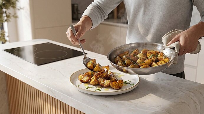 Hände einer Person schaufeln gebratene, goldbraune Kartoffelhälften aus einer Pfanne auf einen Teller, garniert mit Kräutern, auf einer Küchenarbeitsplatte.