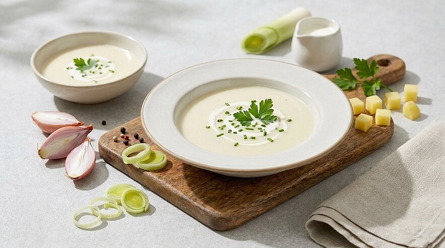 Zwei Schalen cremiger Lauch-Kartoffel-Suppe, jeweils mit einem Klecks Sahne, Schnittlauch und Petersilie garniert; auf einem Holzbrett angerichtet, umgeben von Lauchringen, einer Schalotte, Käsewürfeln und einem kleinen Milchkännchen.