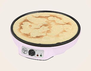 Ein elektrischer Crêpes-Maker in rosa Farbe zeigt eine goldbraun gebratene Crêpe auf der heißen Platte. Der Bedienknopf und zwei Kontrollleuchten sind an der Seite sichtbar.
