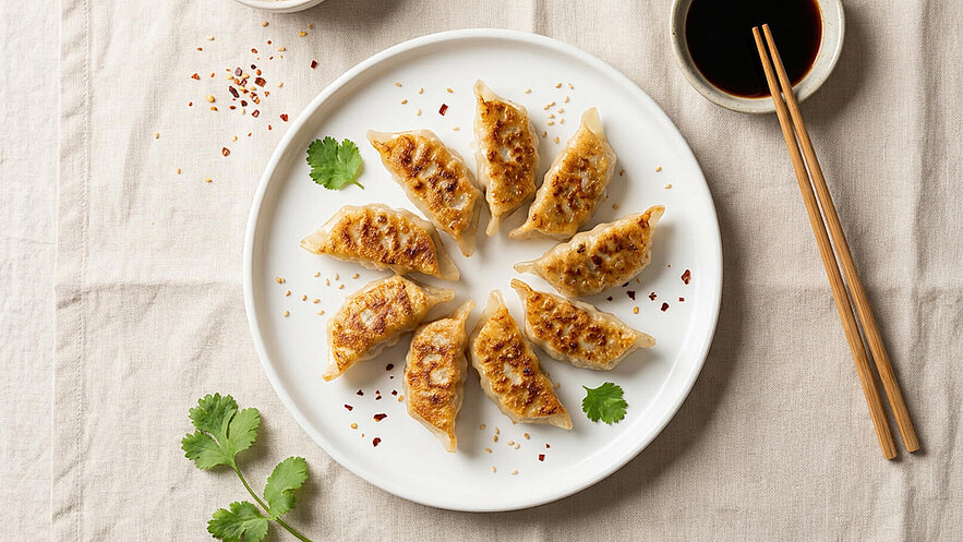 Ein Teller mit zehn goldbraun gebratenen Dumplings ist ansprechend angeordnet. Einige rote Chiliflocken und ein frisches Blatt Koriander sind dekorativ darüber gestreut. Daneben befindet sich eine kleine Schüssel mit dunkler Sojasauce und Essstäbchen.