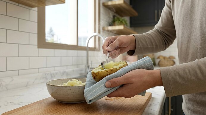 Hände halten eine aufgeklappte Ofenkartoffel in einem Tuch und füllen sie mit einem Löffel gestampfter Kartoffelmasse, daneben eine Schüssel auf der Küchentheke.
