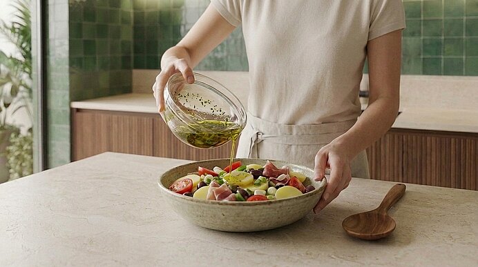 Person gießt Dressing über einen bunten Gemüsesalat in einer Schüssel auf der Küchenarbeitsfläche.