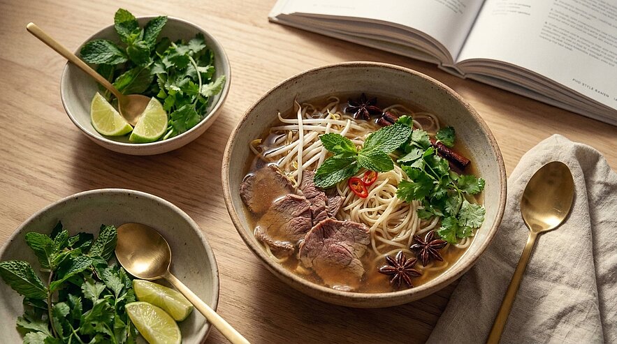 Eine große Schüssel mit Nudelsuppe, garniert mit frischem Koriander, Minze, Chili und Sternanis. Neben der Suppe stehen zwei kleine Schalen mit Limettenscheiben und grünen Kräutern. Im Hintergrund liegt ein geöffnetes Kochbuch.