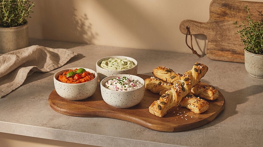 Holzbrett mit drei kleinen Schalen verschiedener Dips (roter Tomatendip, weißer Kräuterquark, Tzatziki) und mehreren mit Samen bestreuten Blätterteigstangen auf einer Küchenarbeitsplatte.