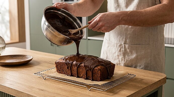 Hände einer Person in Schürze gießen glänzende Schokoladenglasur aus einem Topf über einen frisch gebackenen Rührkuchen auf einem Abkühlgitter.