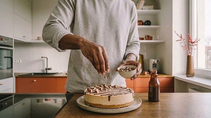Hände streuen gehackte Nüsse oder Schokostückchen auf eine runde Torte, die auf einem Teller in einer modernen Küche steht.