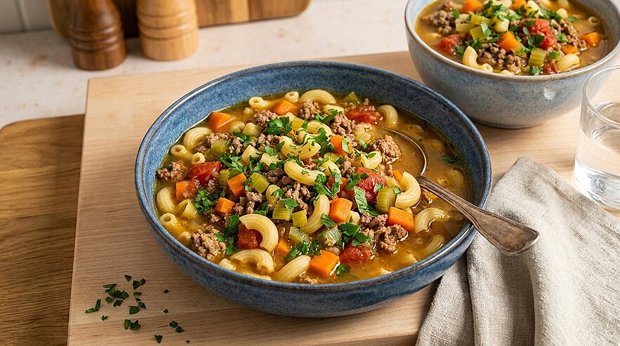 Eine Schüssel mit herzhaftem Nudelgericht steht auf einem Holzbrett. Die Suppe enthält Hackfleisch, Gemüse wie Karotten und Tomaten sowie Gewürze. Ein Löffel liegt in der Schüssel, daneben befindet sich ein weiteres Glas mit Wasser.