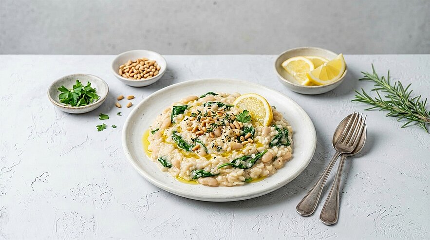 Teller mit cremigem Risotto mit Spinat, Pinienkernen, Zitronenscheiben und Petersiliengarnitur, daneben Besteck.