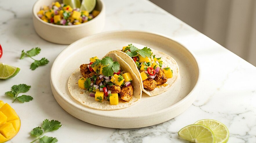 Zwei weiche Maistacos mit gewürfeltem Hähnchen, frischer Mango‑Salsa (Mango, rote Zwiebel, Chili), garniert mit Koriander, serviert auf einem Teller mit Limettenscheiben.