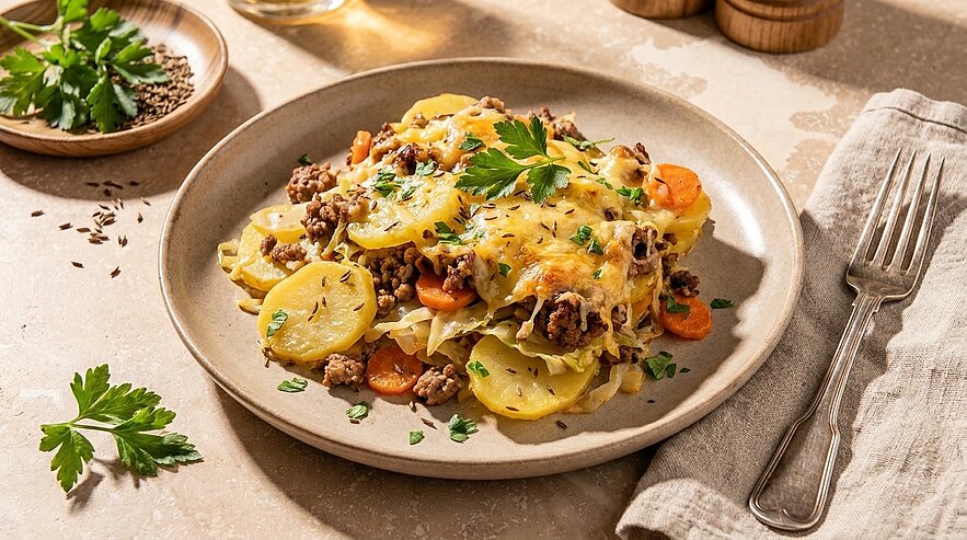 Teller mit geschichtetem Kartoffelauflauf: dünne Kartoffelscheiben, gewürztes Hackfleisch, Karottenscheiben, geschmolzener Käse und gehackte Petersilie als Garnitur.
