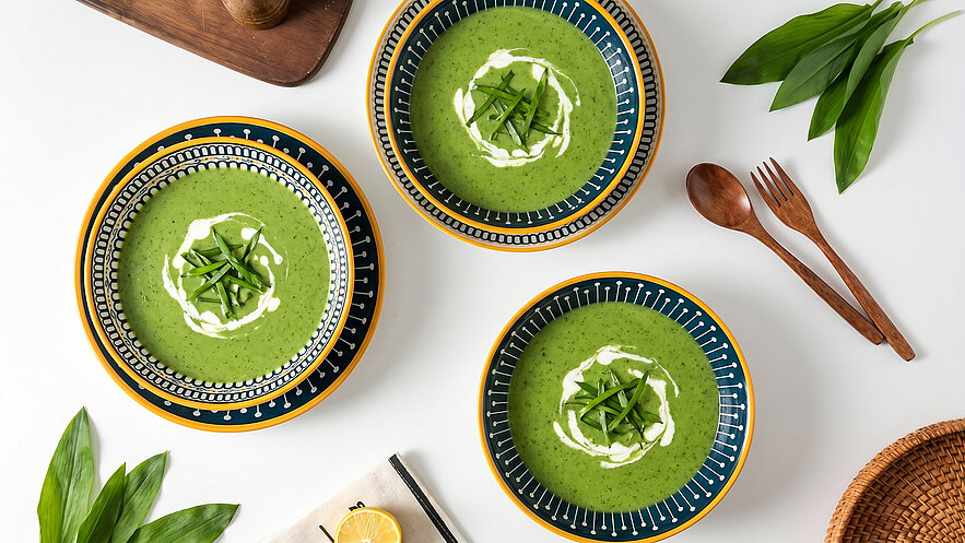 Drei Schalen mit grüner Suppe sind auf einem Tisch angerichtet. Jede Schale ist mit einem Swirl aus Sahne und frischen Kräutern dekoriert. Um die Schalen herum liegen einige Blätter und Holzutensilien.
