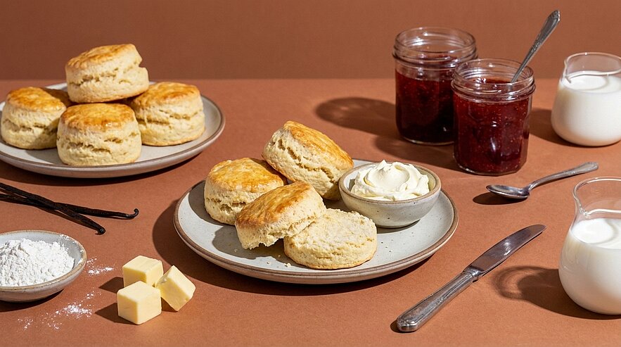 Auf dem Bild sind mehrere Gebäckstücke auf zwei Tellern angeordnet. Dazu gibt es eine Schüssel mit Sahne, zwei Gläser mit Marmelade sowie Zutaten wie Mehl und Butter. Die Szene vermittelt eine einladende Atmosphäre für ein Frühstück oder eine Teestunde.